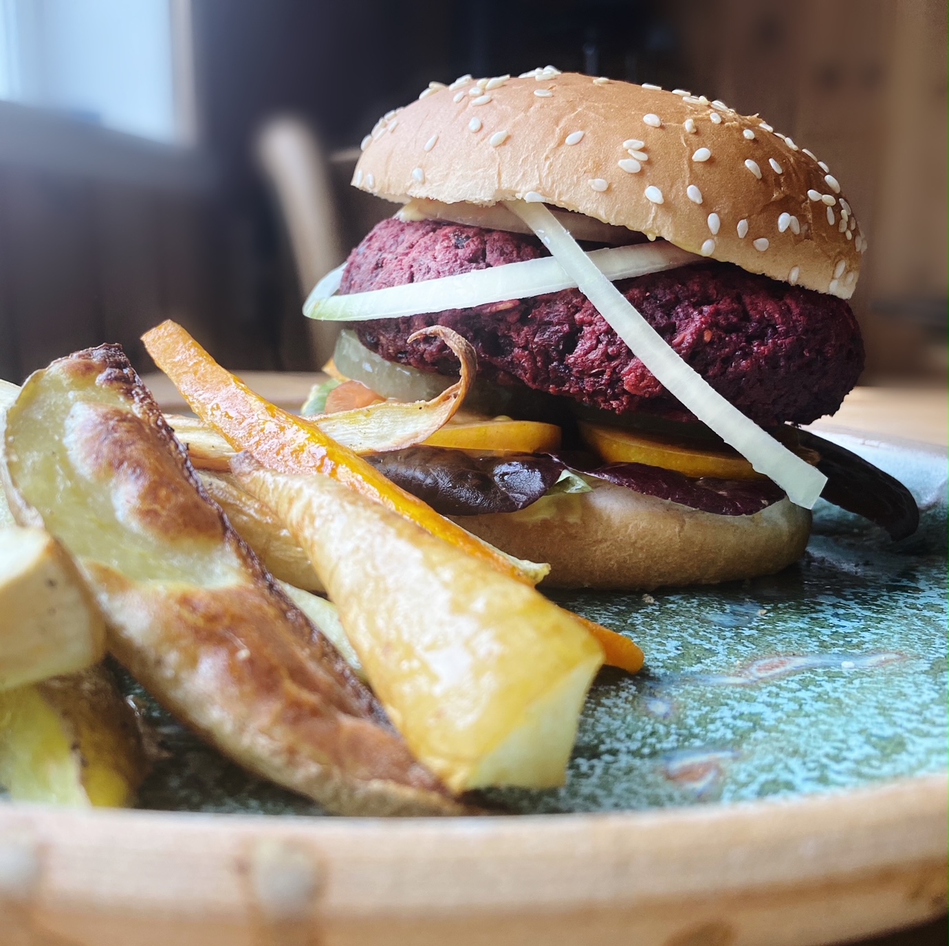 Beetroot & Black Bean Burgers with root veg chips