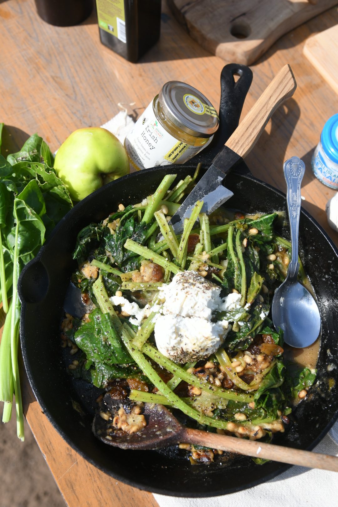 Spinach with Pine Nuts, Goats Cheese, Raisins, Caramelised Apple & Honey – Cooking without Chemicals with Tom Hunt